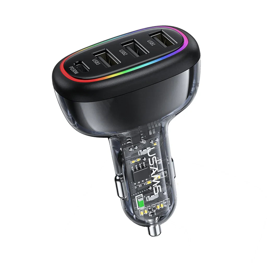 Încărcător auto rapid USAMS USB-C PD 30W + USB-A 18W, putere 48W, cu iluminare LED multicoloră, design transparent