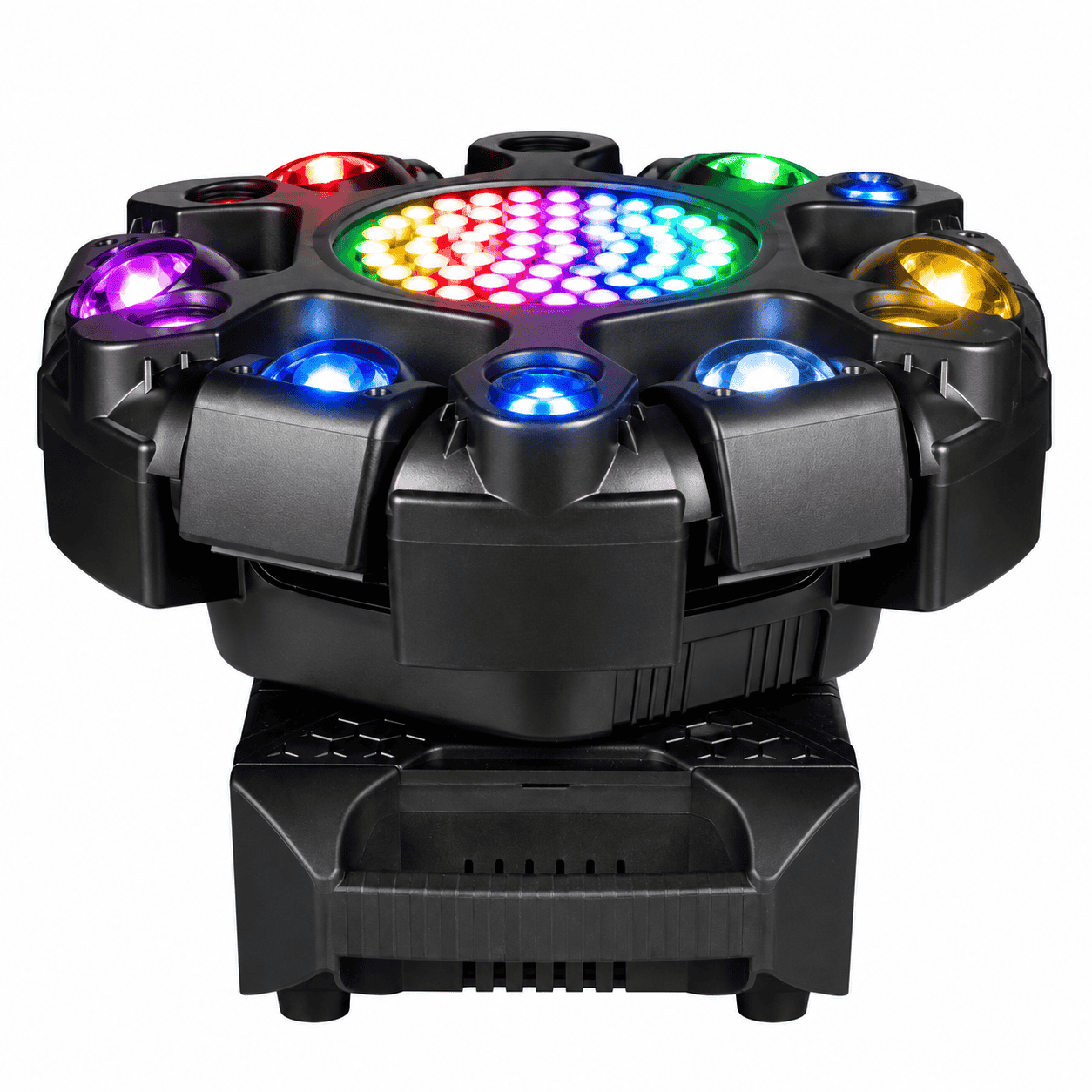 Moving Head LED Profesional Multi-Efect 100W, 6×10W RGBW CREE, Laser Roșu + Verde, Strobe Alb și Galben, 91 LED-uri, Brațe Rotative, DMX512 21 Canale, Sound Control