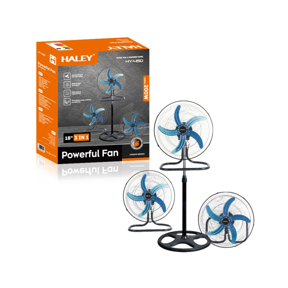 Ventilator 3 în 1 HALEY, 200W, 45cm, Podea / Perete / Stativ, 3 Viteze, Oscilație, Înălțime Reglabilă până la 155cm