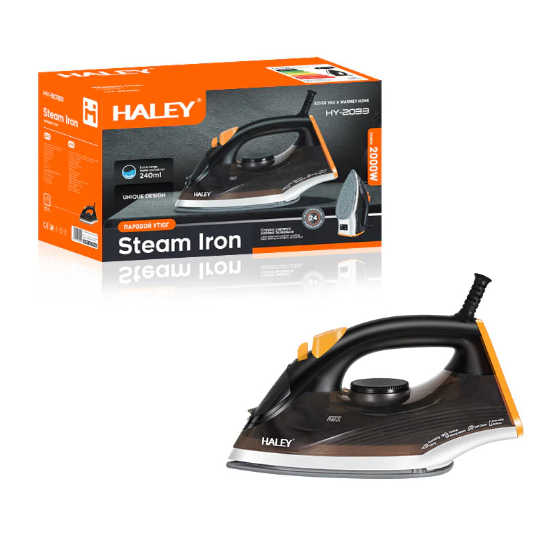 Fier de călcat cu abur HALEY HY-2033, 2000W, Talpă antiaderentă, Rezervor 240ml, Funcție Abur Vertical, Auto-curățare, Anti-Picurare, Cablu 1.8m, Negru/Portocaliu