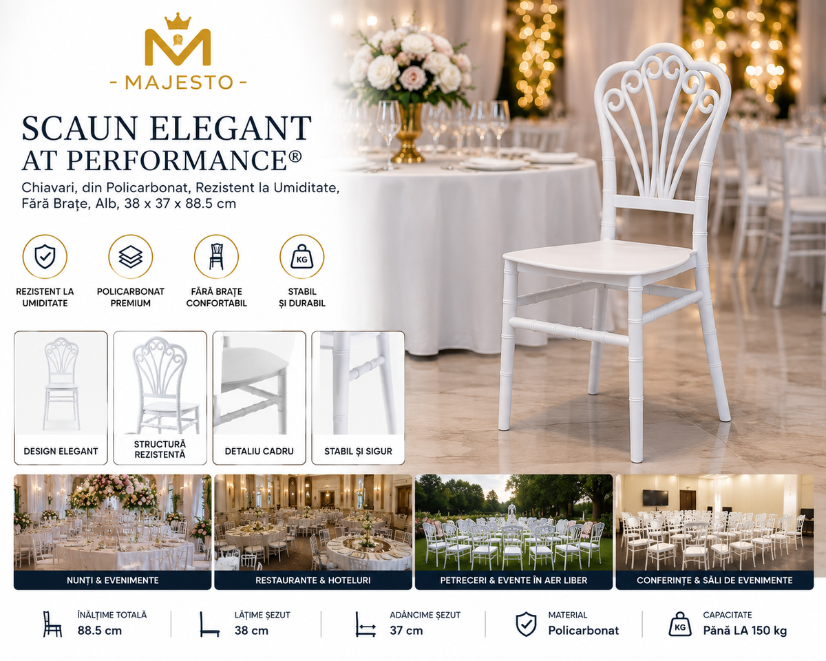 Scaun Elegant AT PERFORMANCE® Chiavari, din Policarbonat, Rezistent la Umiditate, Fără Brațe, Alb, 38 x 37 x 88.5 cm