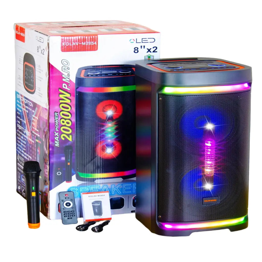 Boxă Karaoke Portabilă KOLAV-M2854 400W PMPO, 2x8", Bluetooth, Microfon Wireless Inclus, RGB LED, TWS, USB-C, TF Card, Telecomandă și Xtra Bass