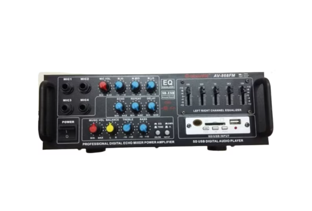 Amplificator de Boxe Karaoke, 2 x 40 W, Intrare USB si SD, Radio FM, Telecomanda, 4-16 ohm, 20 Hz-20 KHz, Modern, Negru