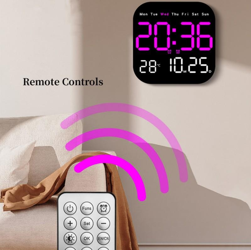Ceas de perete digital cu telecomandă, AT PERFORMANCE®, data cronometrare, numărătoare inversă, conectare, utilizare ceas de masă, 2 alarme, ceas deşteptător cu LED DST cu reglare automată, mov