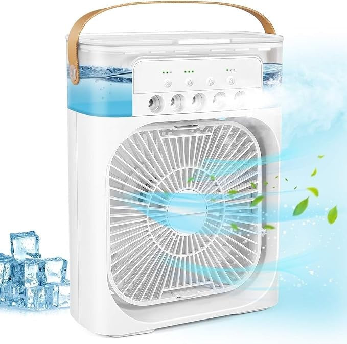Mini Răcitor de Aer Portabil AT PERFORMANCE® – Ventilator Personal 4 în 1 cu Umidificator, LED 7 Culori, Timer și 3 Viteze, Alimentare USB