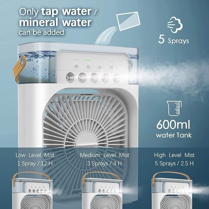 Mini Răcitor de Aer Portabil AT PERFORMANCE® – Ventilator Personal 4 în 1 cu Umidificator, LED 7 Culori, Timer și 3 Viteze, Alimentare USB
