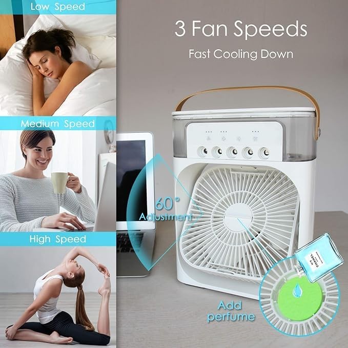 Mini Răcitor de Aer Portabil AT PERFORMANCE® – Ventilator Personal 4 în 1 cu Umidificator, LED 7 Culori, Timer și 3 Viteze, Alimentare USB