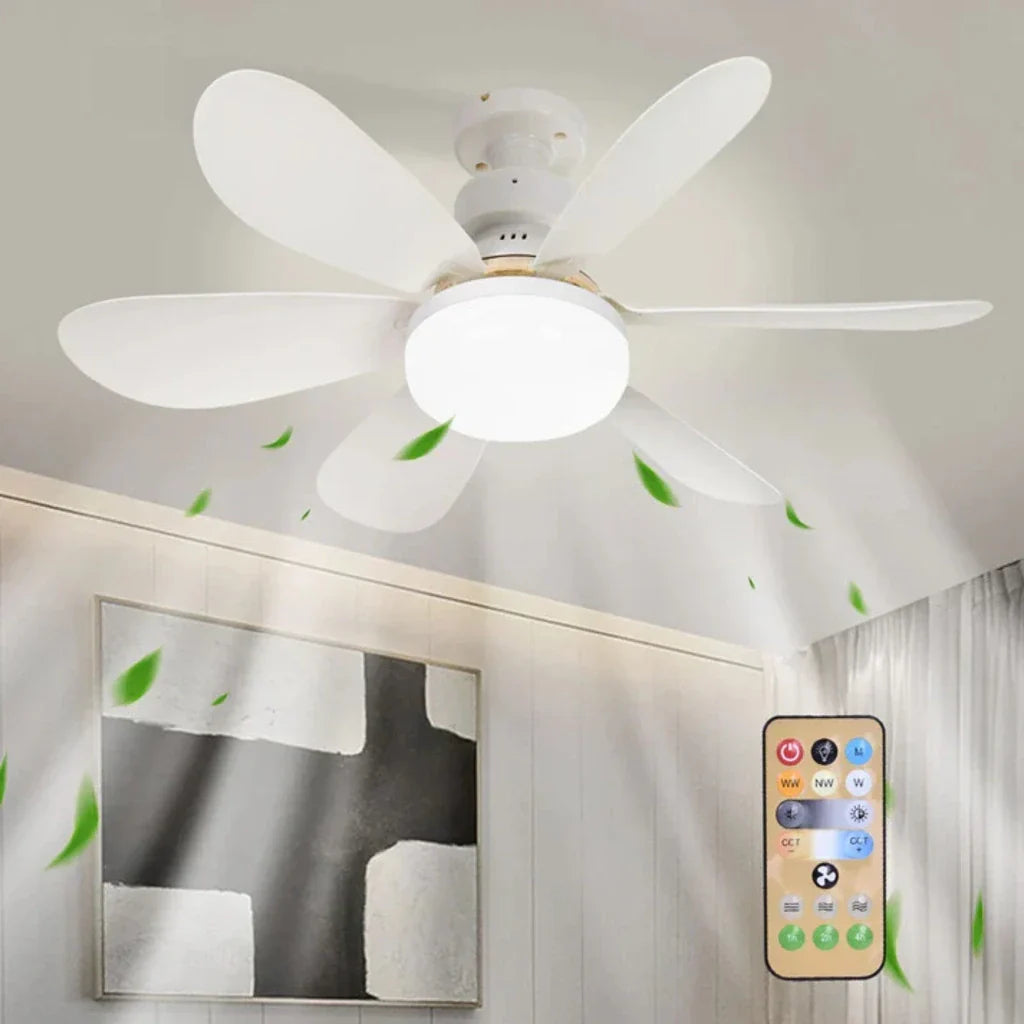Ventilator de Tavan cu LED și Telecomandă E27, 6 Pale Pliabile, 3 Viteze, 3 Moduri de Iluminare, Bec Ventilator 2 în 1, Montaj Fără Cablare, Alb