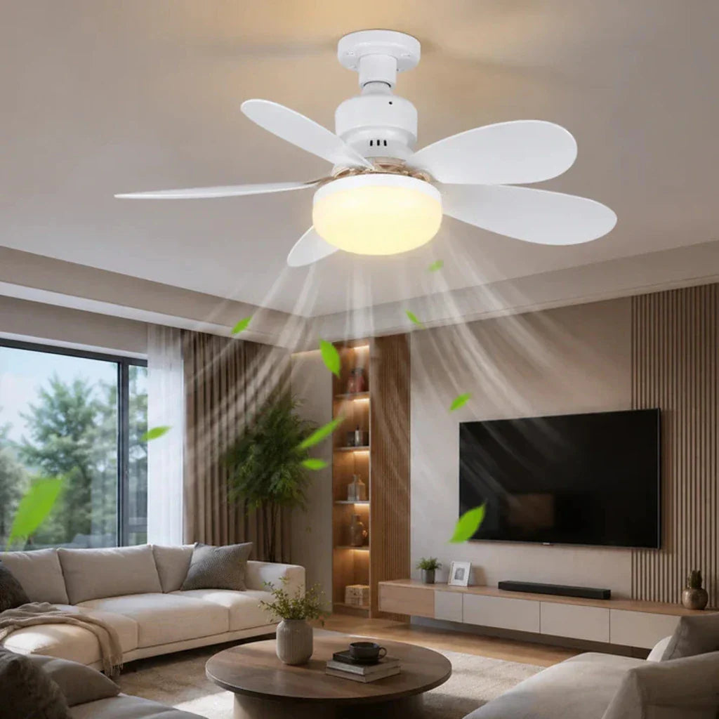Ventilator de Tavan cu LED și Telecomandă E27, 6 Pale Pliabile, 3 Viteze, 3 Moduri de Iluminare, Bec Ventilator 2 în 1, Montaj Fără Cablare, Alb