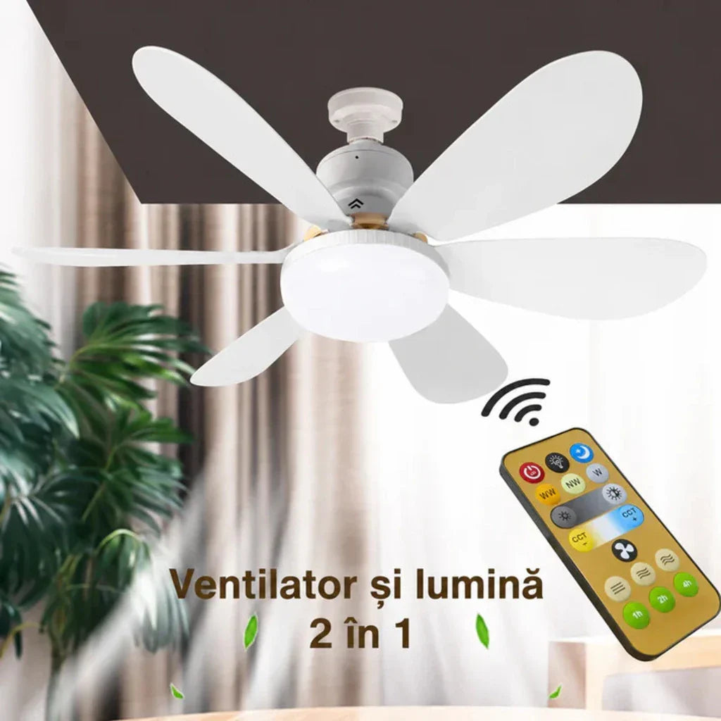 Ventilator de Tavan cu LED și Telecomandă E27, 6 Pale Pliabile, 3 Viteze, 3 Moduri de Iluminare, Bec Ventilator 2 în 1, Montaj Fără Cablare, Alb
