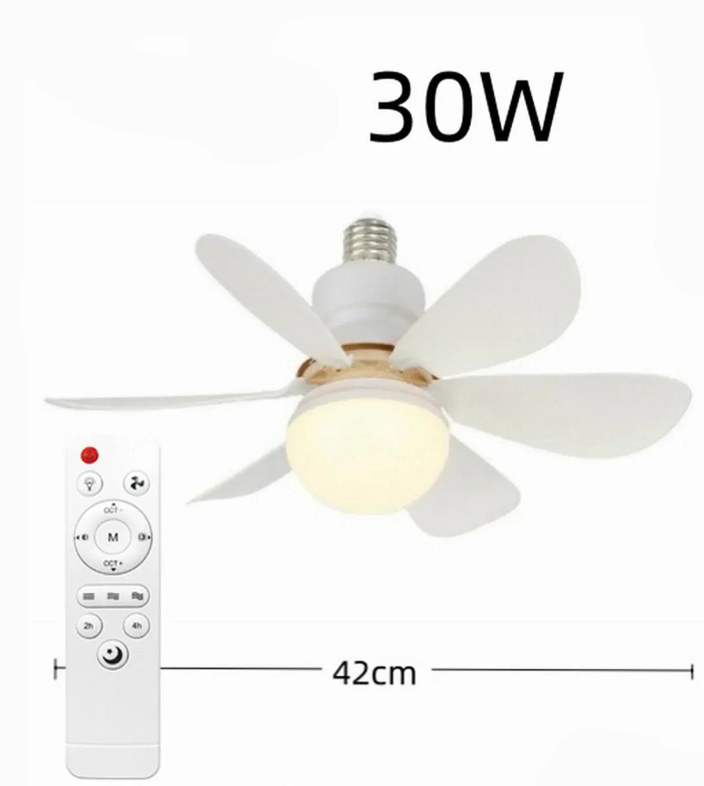 Ventilator de Tavan cu LED și Telecomandă E27, 6 Pale Pliabile, 3 Viteze, 3 Moduri de Iluminare, Bec Ventilator 2 în 1, Montaj Fără Cablare, Alb