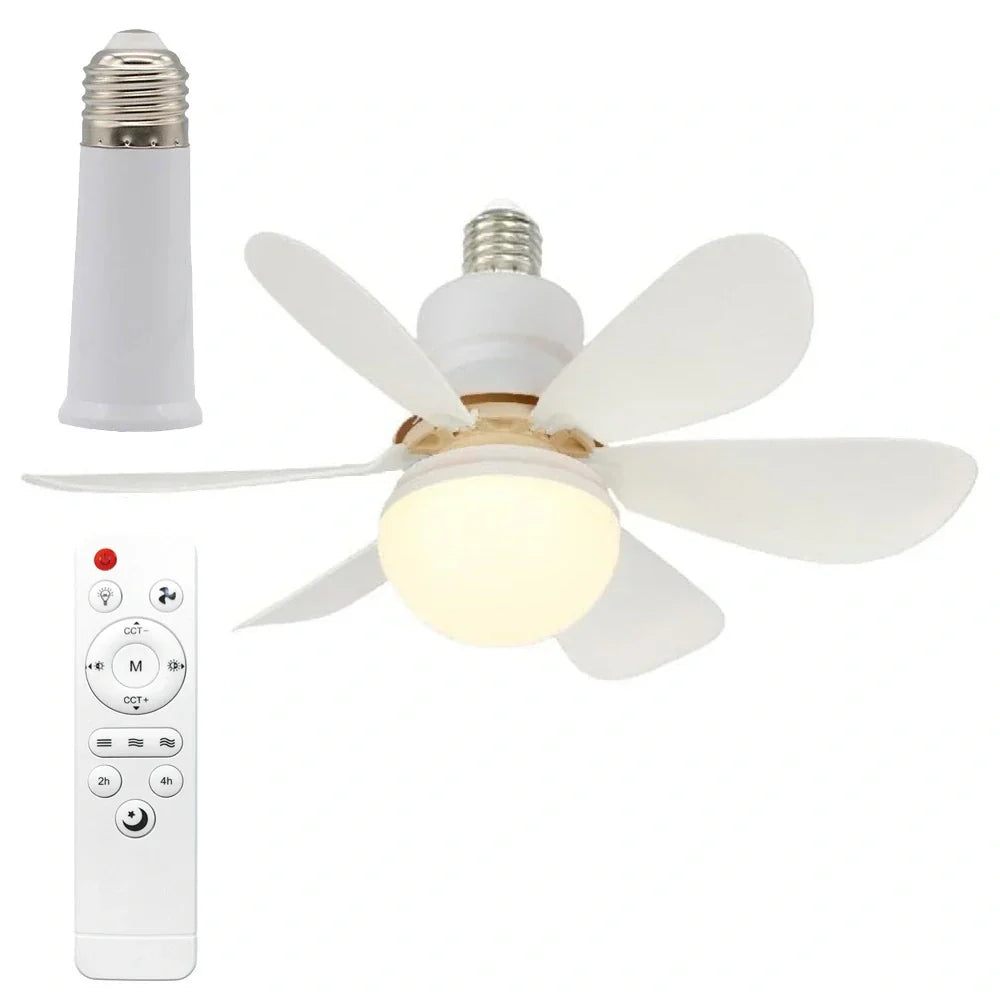 Ventilator de Tavan cu LED și Telecomandă E27, 6 Pale Pliabile, 3 Viteze, 3 Moduri de Iluminare, Bec Ventilator 2 în 1, Montaj Fără Cablare, Alb
