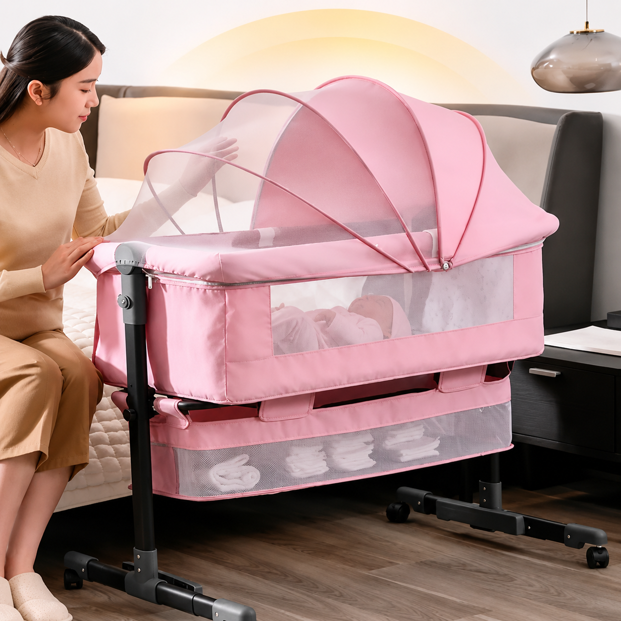 Pătuț Reglabil și Portabil 6 în 1 KIDOO® pentru Bebe – Saltea, Plasă Anti-Țânțari și Coș de Depozitare