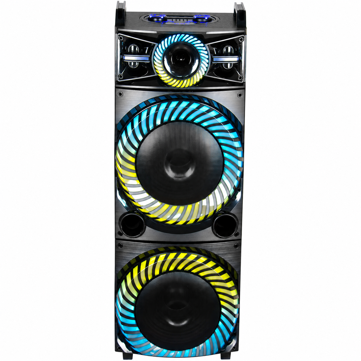 Boxă Karaoke Portabilă AT PERFORMANCE® 2250W PMPO, 2 x 15", Bluetooth, RGB LED, 2 Microfoane Wireless