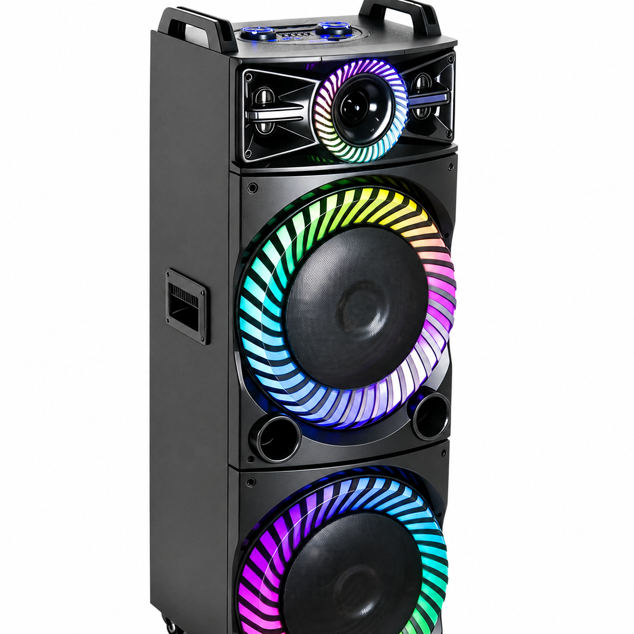 Boxă Karaoke Portabilă AT PERFORMANCE® 2250W PMPO, 2 x 15", Bluetooth, RGB LED, 2 Microfoane Wireless