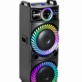 Boxă Karaoke Portabilă AT PERFORMANCE® 2250W PMPO, 2 x 15", Bluetooth, RGB LED, 2 Microfoane Wireless