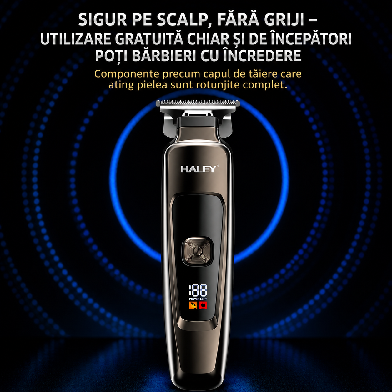 Mașină Profesională de Tuns și Contur HALEY HY-4500, Acumulator 1200mAh, Autonomie 200 Min, Lamă din Oțel, Display Digital, Reîncărcabilă