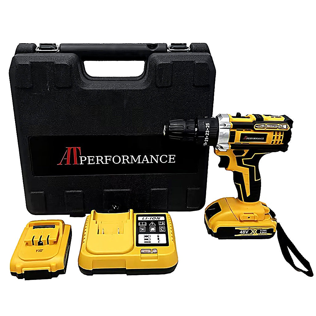 Trusă Bormașină cu Acumulator AT PERFORMANCE® 48V, 2 Baterii 5.0Ah, 2 Viteze, 42Nm, 30 Accesorii, Mandrină 13mm, Cutie Transport