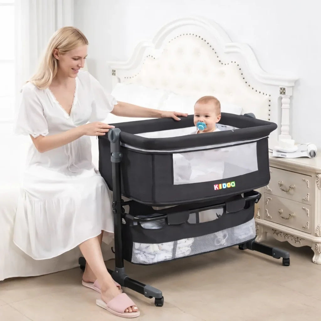Pătuț Reglabil și Portabil 6 în 1 KIDOO® pentru Bebe – Saltea, Plasă Anti-Țânțari și Coș de Depozitare
