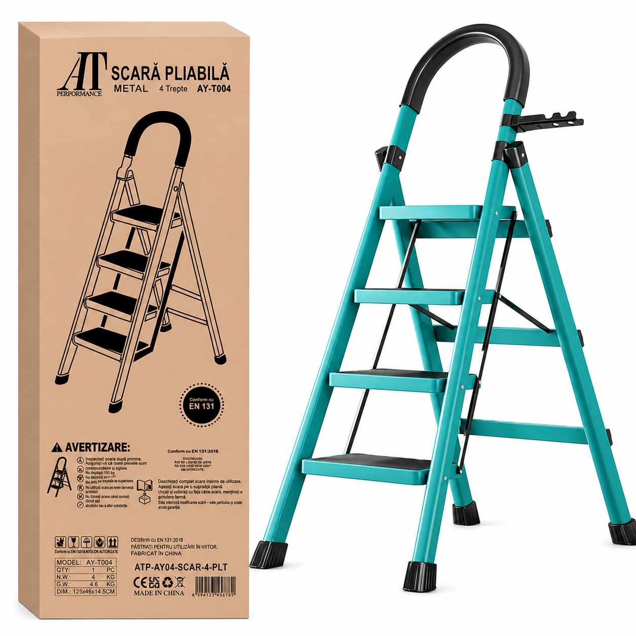 Scara Pliabila cu 4 Trepte Late, At Performance, Metalica, Maxim 150 Kg, Picioare Antialunecare