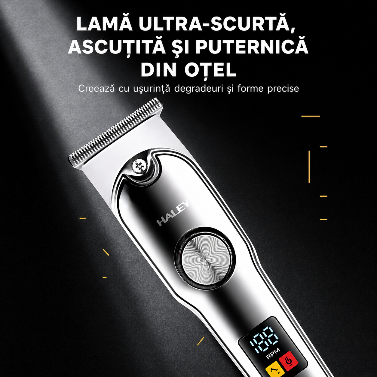 Mașină Profesională de Tuns și Contur HALEY HY-4518/HY-4519, Acumulator 500mAh, Autonomie 60 Min, Display LED, 4 Piepteni 1.5–6 mm, Încărcare USB