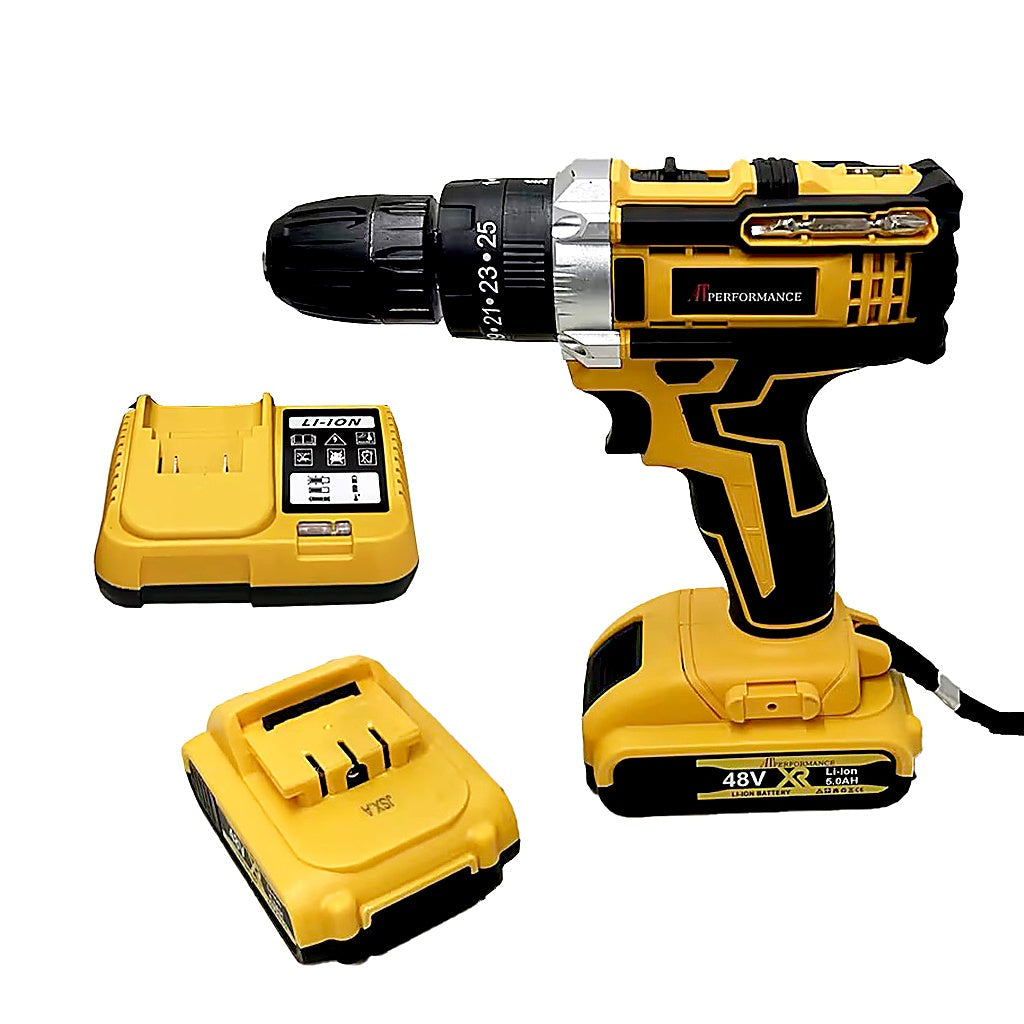 Trusă Bormașină cu Acumulator AT PERFORMANCE® 48V, 2 Baterii 5.0Ah, 2 Viteze, 42Nm, 30 Accesorii, Mandrină 13mm, Cutie Transport