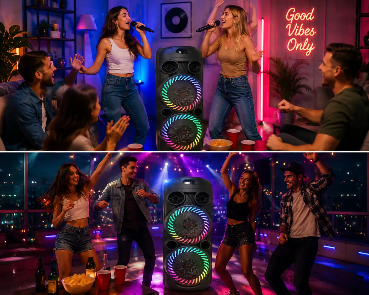 Boxă Karaoke Portabilă KOLAV-F2805 2800W PMPO, 2x8", Bluetooth, Microfon Wireless Inclus, RGB LED, USB-C, TF Card, AUX, TW