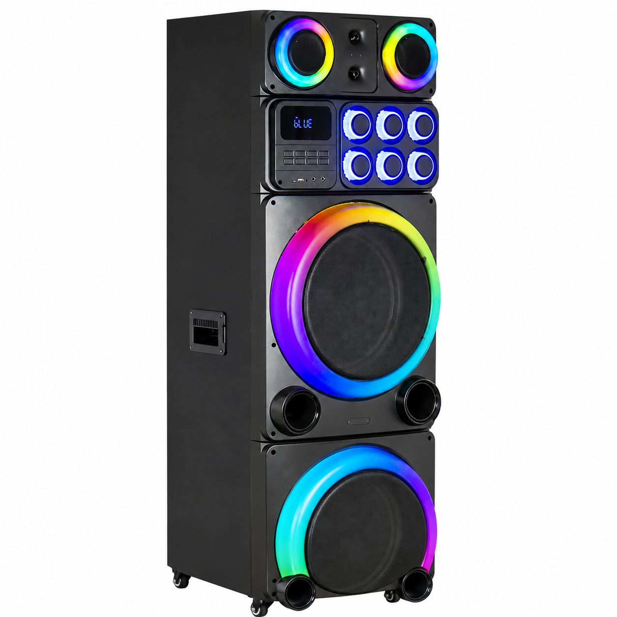 AT PERFORMANCE® Boxă Portabilă Karaoke 2250W PMPO, 2 x 15", Bluetooth, 2 Microfoane Wireless, RGB LED