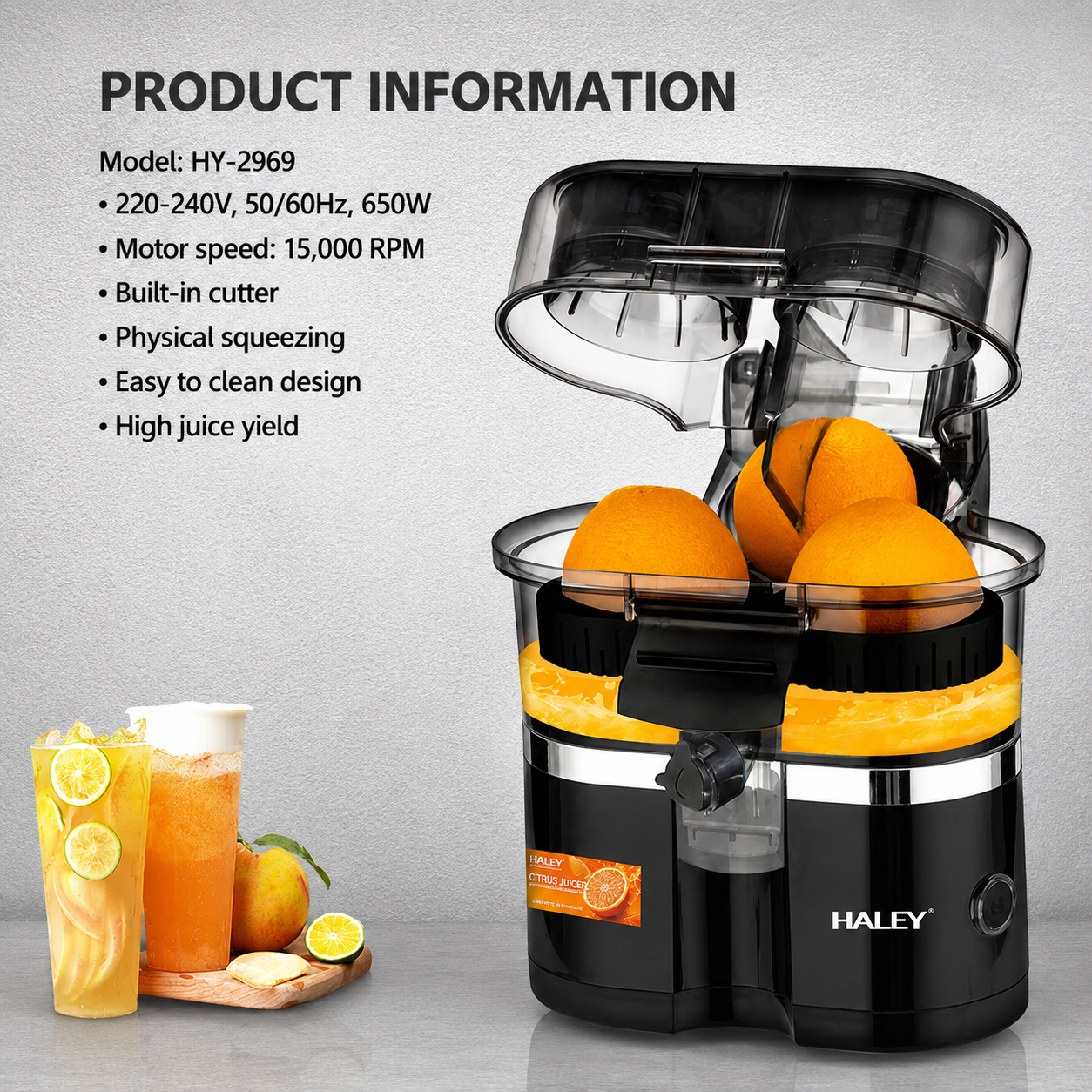 Storcător Electric pentru Citrice Haley HY-2969, 650W, 15.000 RPM, Recipient 400 ml, Tăietor Integrat, Sistem Automat de Alimentare, Negru