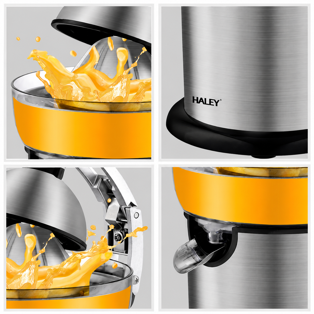 Storcător Electric pentru Citrice Haley HY-2954, 800W, Recipient 400 ml, Sistem cu Pârghie, Carcasă Inox, Randament Ridicat, Argintiu