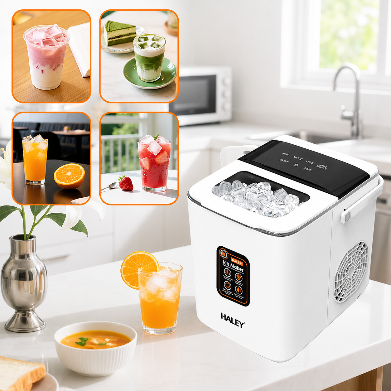 Mașină de Gheață Haley HY-6101, 100W, 12 Kg/24h, 9 Cuburi/Ciclu, Rezervor 1.8L, 2 Dimensiuni de Gheață