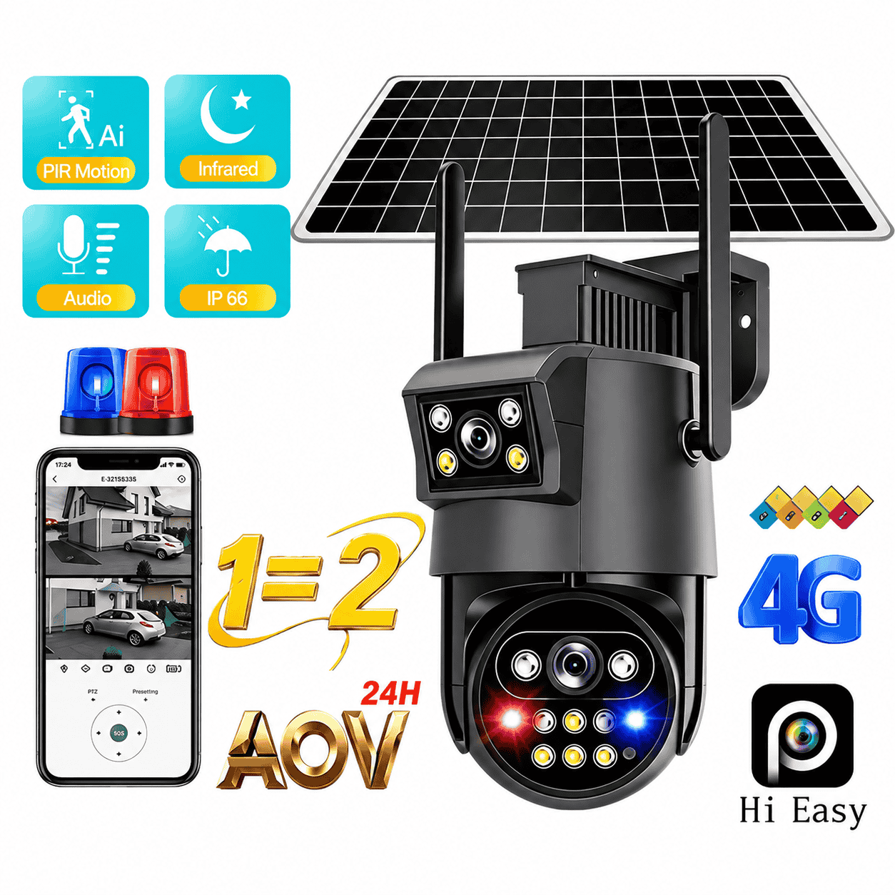Cameră de Supraveghere Solară 4G AOV cu 2 Obiective, Monitorizare Video Continuă 24H, IP66, Acumulator Integrat, Panou Solar, Card TF și Cloud, Alarmă cu Notificări