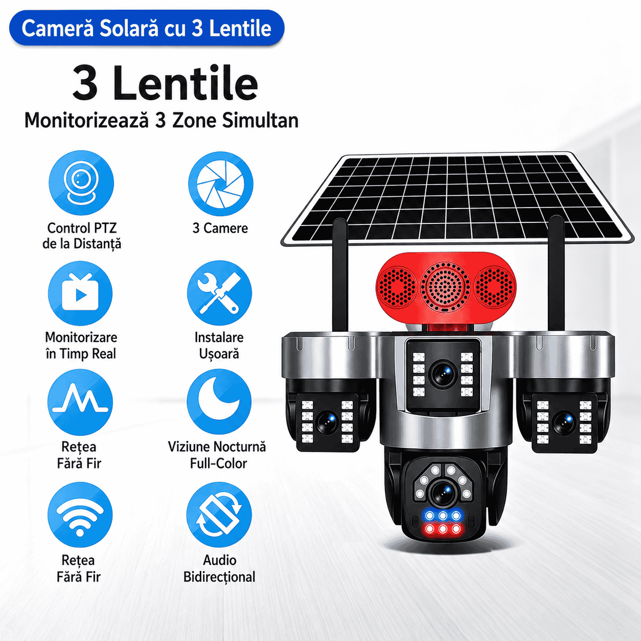Cameră de Supraveghere Solară 4G cu 3 Lentile de 5MP, Obiectiv Central Rotire 360°, Laterale 90°, 6K Ultra HD, AOV 24/24, IP66, Panou Solar, Card TF și Cloud