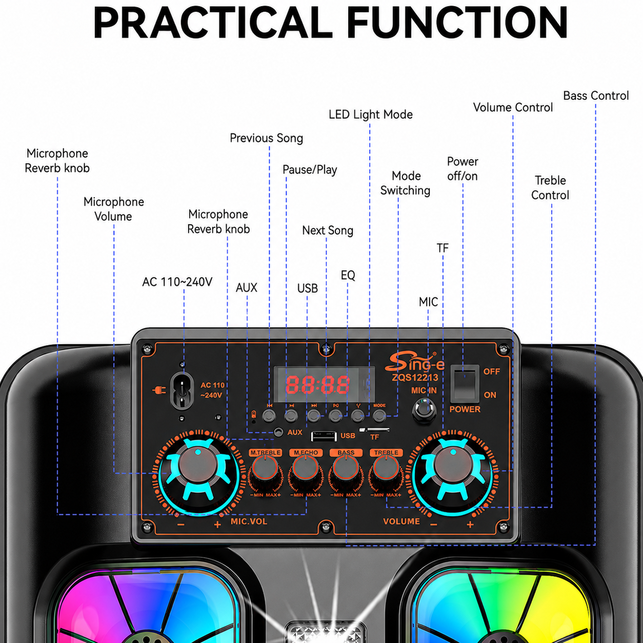 Boxă Portabilă Karaoke Sing-e ZQS12213, Bluetooth, 2x12", 80W, Microfon Wireless, LED RGB, USB/TF/AUX, Telecomandă, Acumulator 5000mAh