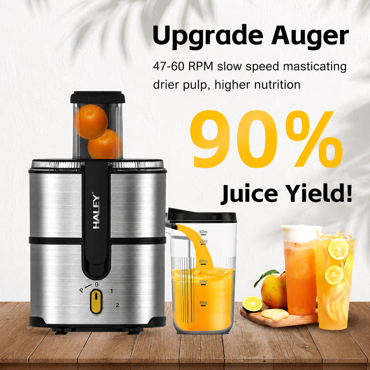 Storcător de Fructe și Legume Haley HY-2963, 1000W, Tub Alimentare 75 mm, Recipient Suc 900 ml, Recipient Pulpă 2 L, 2 Viteze + Pulse, Inox SUS304