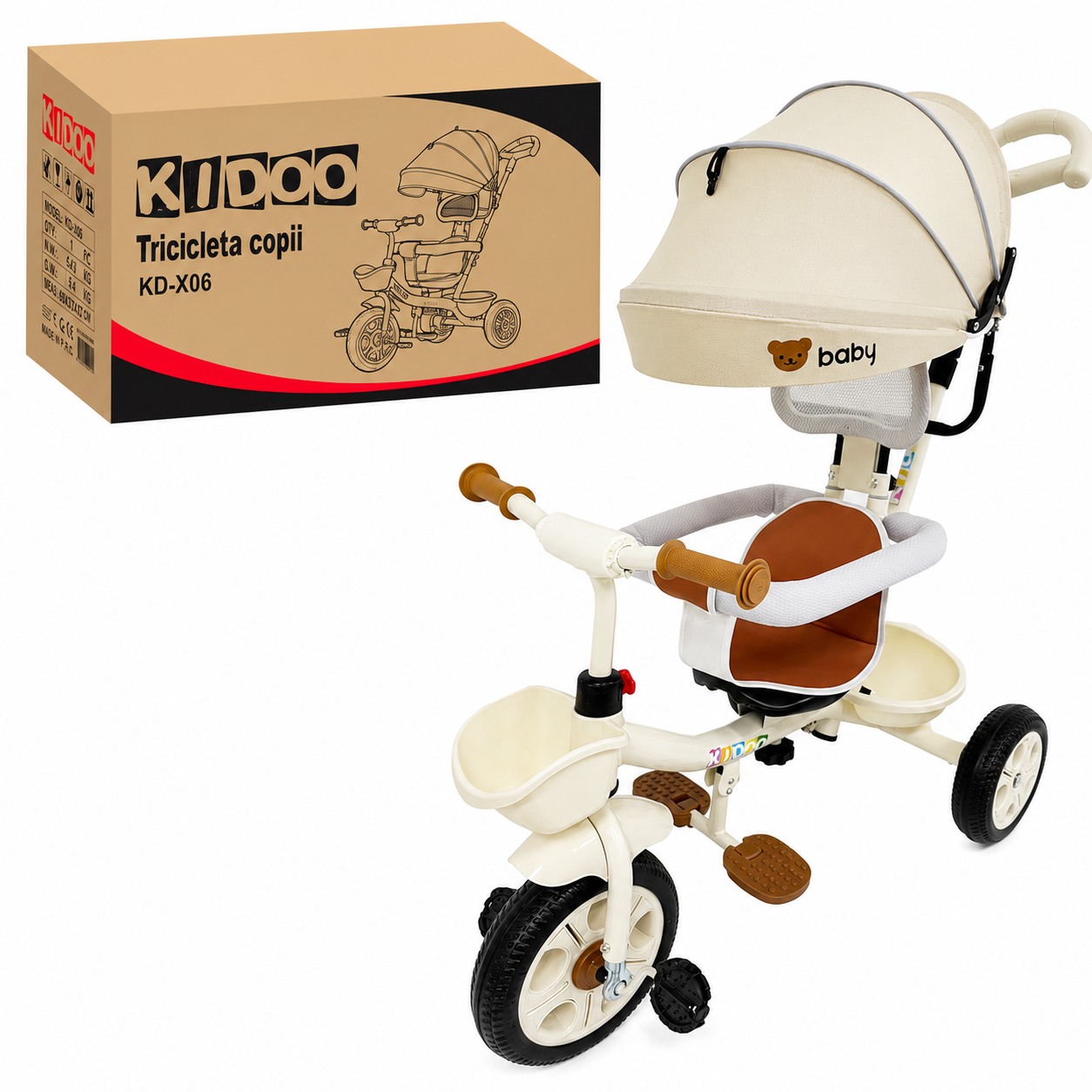 Tricicletă Evolutivă Kiddo KD-X06, Scaun Rotativ 360°, Copertină UV, Roți din Cauciuc, 9 Luni – 6 Ani
