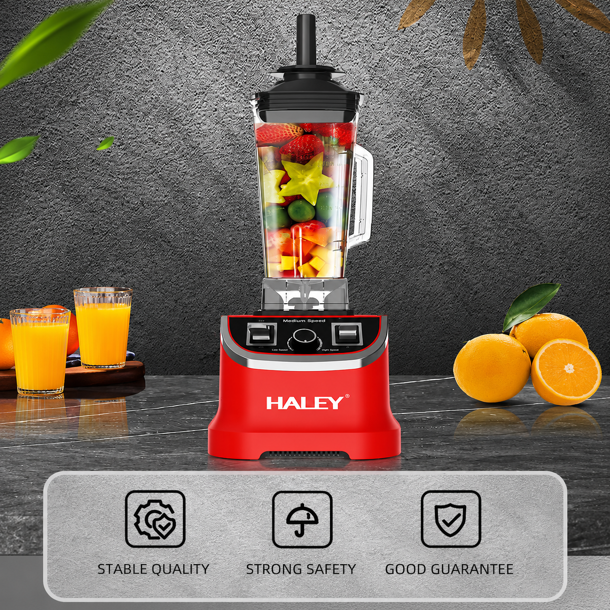 Blender Profesional Multifuncțional HALEY HY-2705, 4800W, Cană 2.5L, 15 Trepte de Viteză, Funcție Pulse, Zdrobire Gheață, Lame din Inox