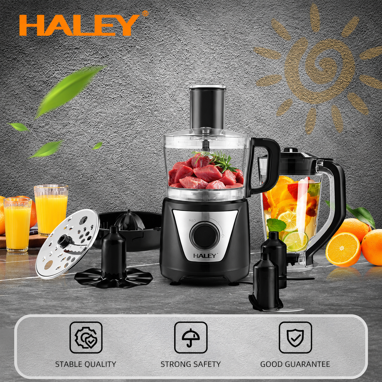Robot de Bucătărie HALEY® HY-1325, 8 în 1, 1500W, Blender 1.5L, Procesor 1L, 2 Viteze + Pulse, Lame Inox