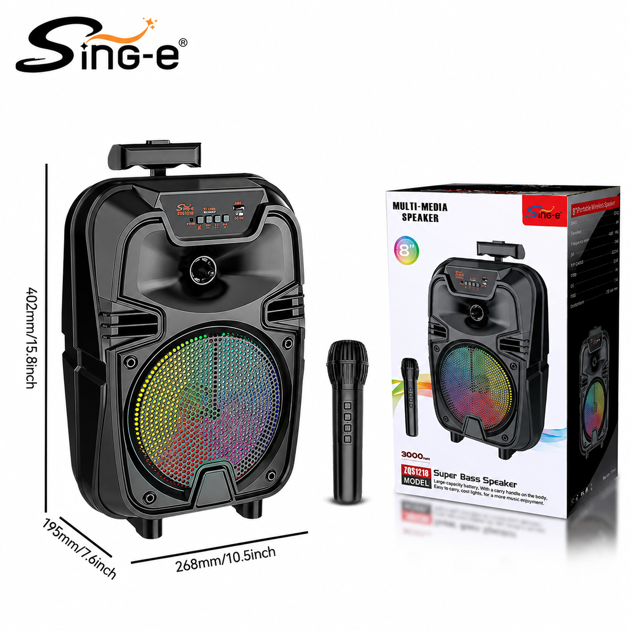 Boxă Portabilă Bluetooth Sing-e® ZQS8188, 200W PMPO, Difuzor 8", Microfon Wireless, LED RGB, USB, TF Card, FM Radio, Telecomandă, Acumulator 3000mAh
