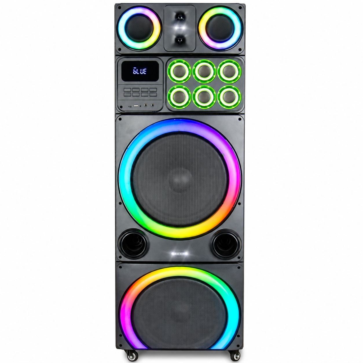 AT PERFORMANCE® Boxă Portabilă Karaoke 2250W PMPO, 2 x 15", Bluetooth, 2 Microfoane Wireless, RGB LED