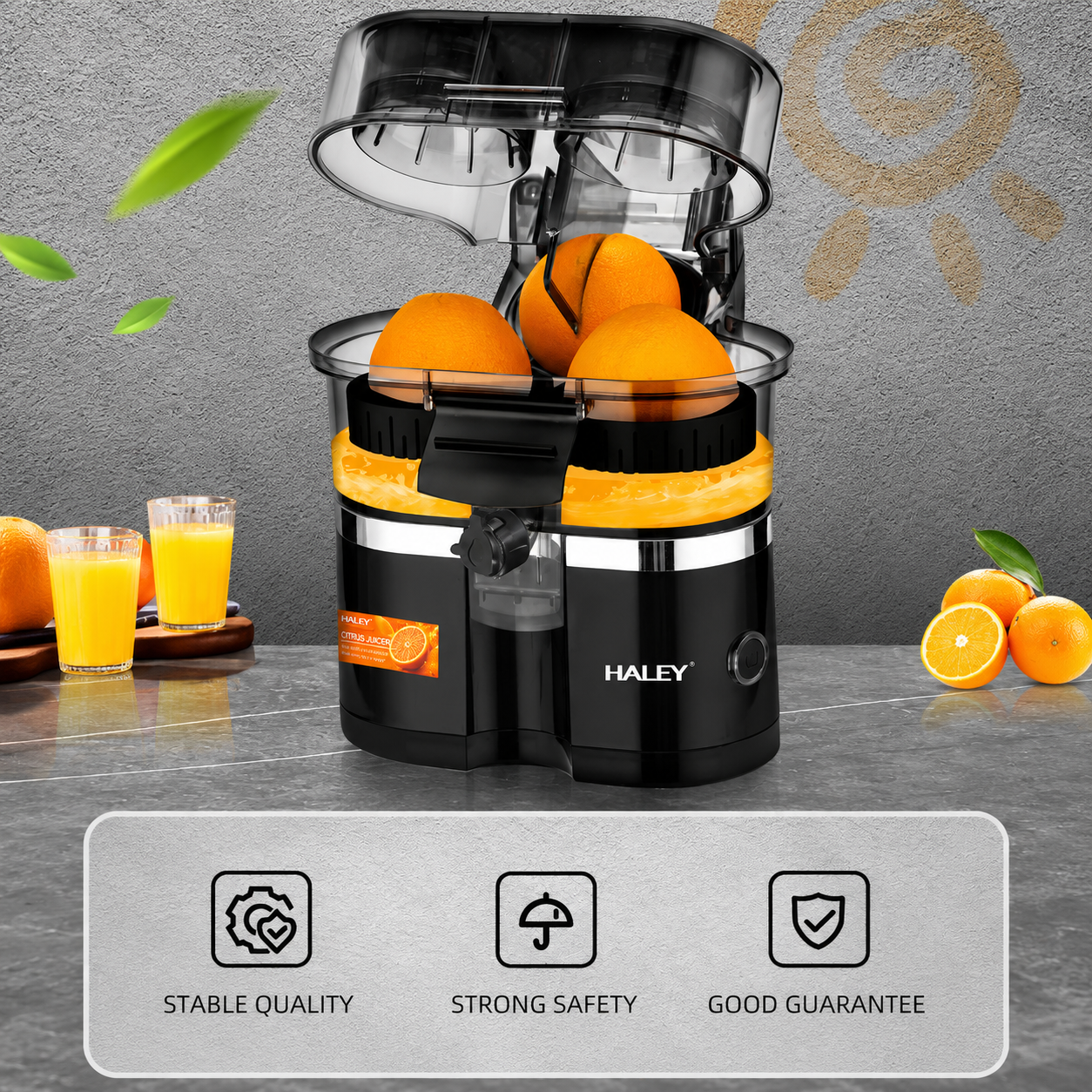 Storcător Electric pentru Citrice Haley HY-2969, 650W, 15.000 RPM, Recipient 400 ml, Tăietor Integrat, Sistem Automat de Alimentare, Negru