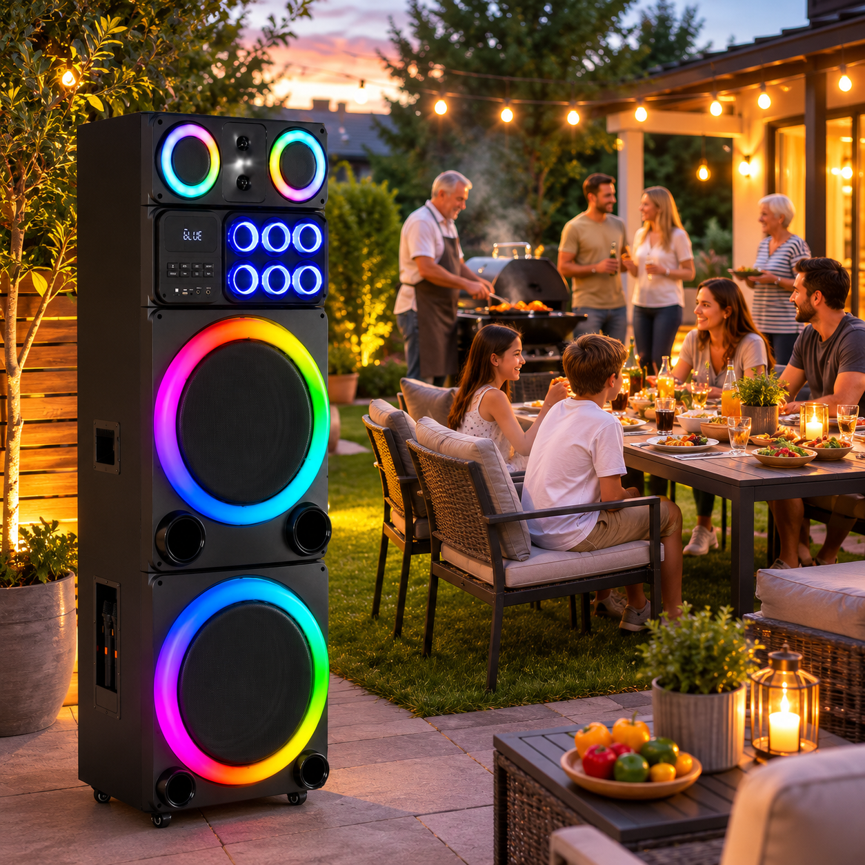 AT PERFORMANCE® Boxă Portabilă Karaoke 2250W PMPO, 2 x 15", Bluetooth, 2 Microfoane Wireless, RGB LED