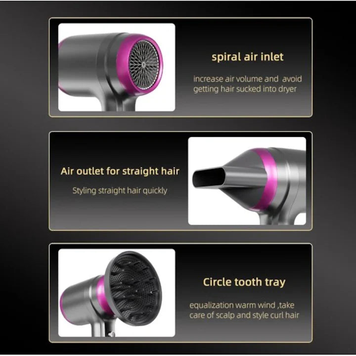 Uscator de par Original At Performance, cu Led, 2 trepte de Viteza, 2 Capete, Ioni Negativi, Aer rece/ cald, 1250 W, Gri/Fucsia