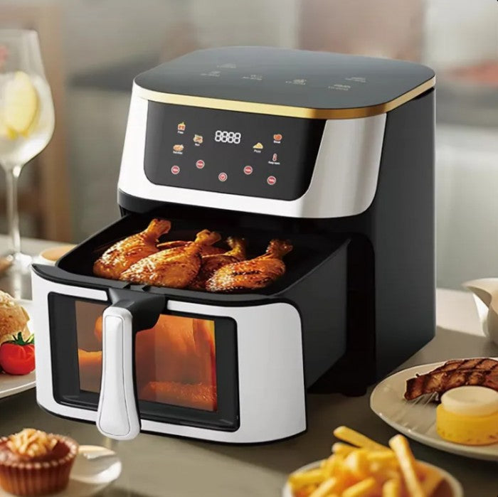 Friteuză cu Aer Cald 10L AT PERFORMANCE® – 2400W, Display Digital Touch, 8 Programe, cu Geam, Neagră + CADOU 100 Hârtii de Copt