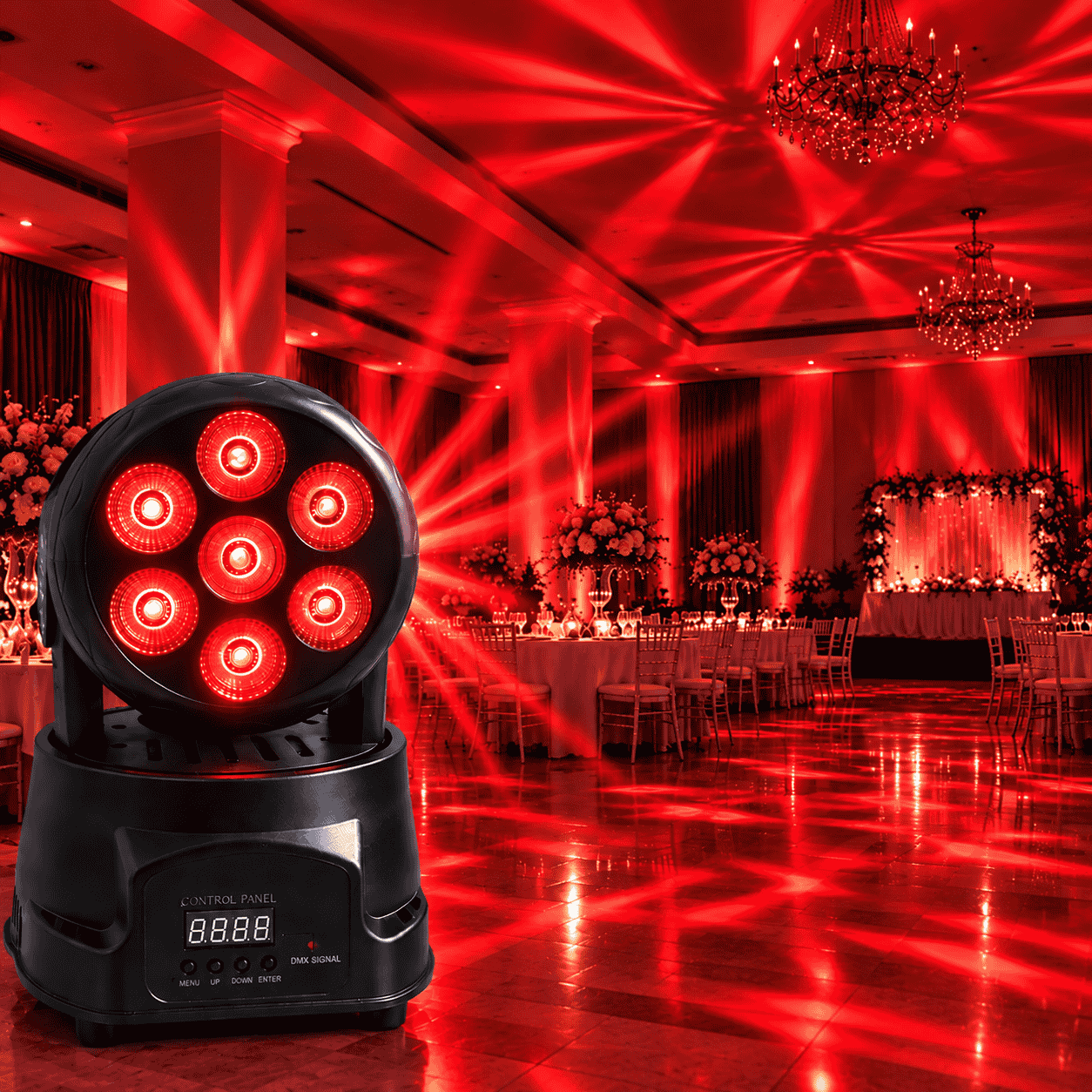 Moving Head LED Profesional 7×10W RGBW 4-în-1, 80W, DMX512 9/14 Canale, PAN 540° / TILT 180°, Stroboscop, Dimmer, Control Muzical, Auto și Master-Slave