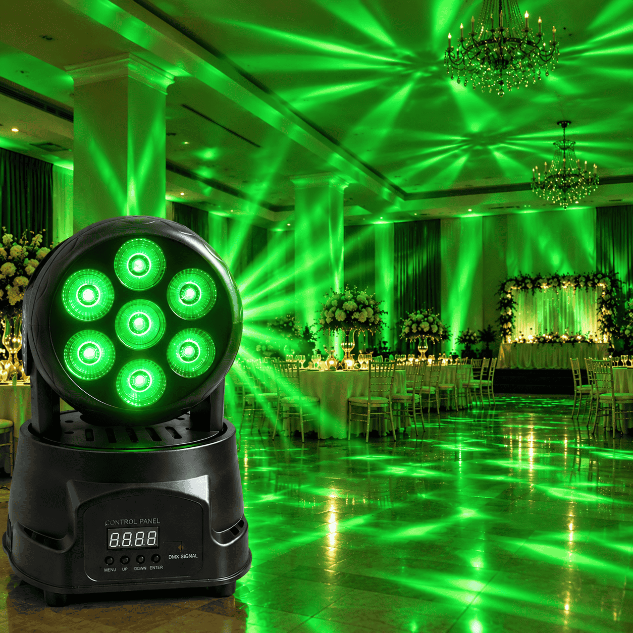Moving Head LED Profesional 7×10W RGBW 4-în-1, 80W, DMX512 9/14 Canale, PAN 540° / TILT 180°, Stroboscop, Dimmer, Control Muzical, Auto și Master-Slave