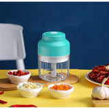 Mini tocator electric At Performance, 45W, pentru usturoi, legume, fructe, nuci, piure, cu incarcare pe USB, Acumulator, capacitate 250 ml, Albastru deschis
