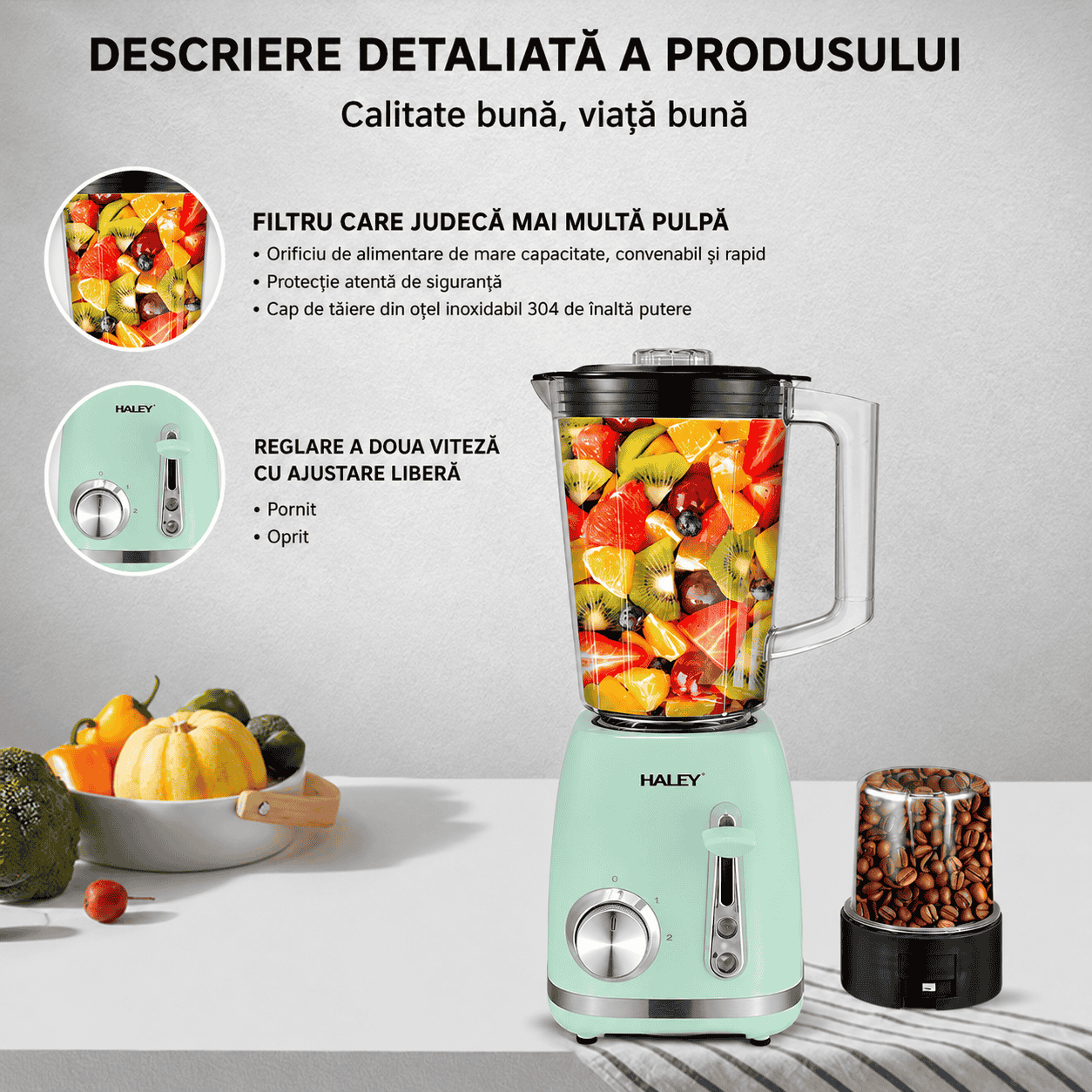 Blender 2 în 1 HALEY HY-2962, 500W, Recipient 1.5L, 2 Viteze + Funcție Pulse, Râșniță, Zdrobire Gheață, Lame din Oțel Inoxidabil, Verde Mentă