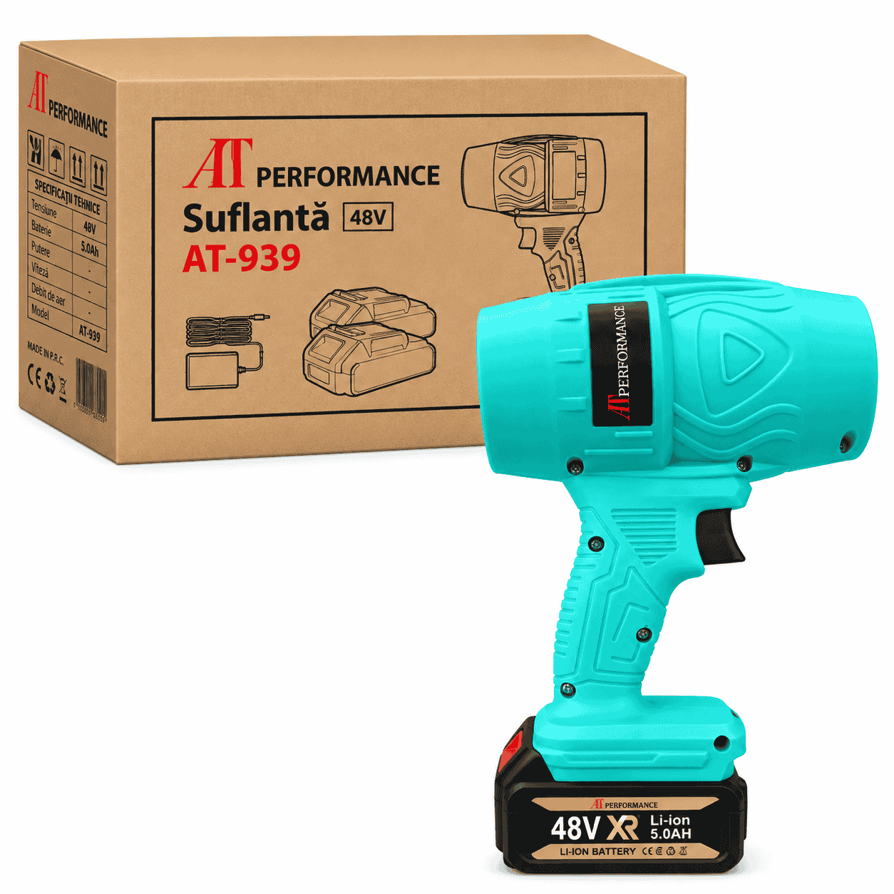 Suflantă Electrică Portabilă 48V AT Performance AT-939 Tiffany Blue  cu 2 Baterii Li-Ion 5.0Ah și Încărcător